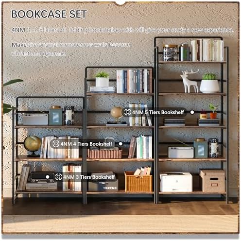 4NM No Assembly 5 Tier Folding Bookshelf Tall Storage Shelves Vintage Bookcase Standing Racks Study Organizer Home Office - Image 5