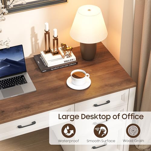 Vabches Farmhouse Executive Desk, Wood Home Office Desk with 2 Large File Drawers and 5 Storage Cabinets, Rustic Writing Desk for Work and Study, Brown - Image 6