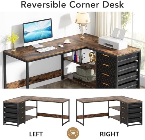 Tribesigns L Shaped Computer Desk with Storage Drawers, 59 inch Corner Desk with Shelves, Reversible L-Shaped Office Desk Study Writing Table Workstation for Home Office, Brown - Image 6