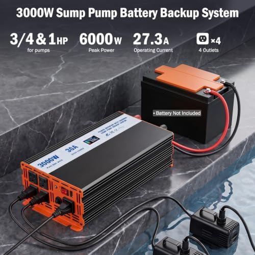 Sump Pump Battery Backup System, 3000W Pure Sine Wave Inverter with LCD Display, Auto Switches to Battery Power for Continuous Sump Pump Operation, for Basement Flood Protection&Power Outage Emergency - Image 2