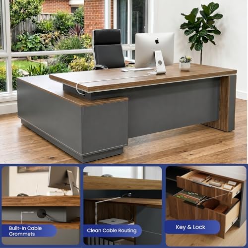 OfficeSimpli L Shaped Executive Desk with Drawers, Made in USA, 84x72x30 in - Image 4