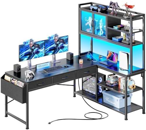 PRAISUN 57.5 Inch L Shaped Gaming Desk with Power Outlets and LED Lights by PRAISUN