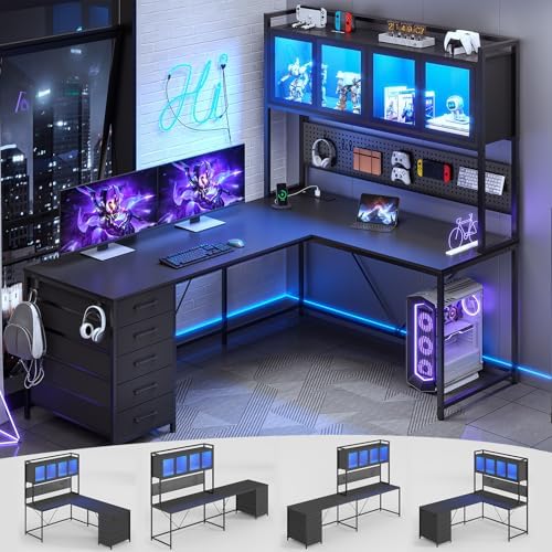SEDETA L Shaped Gaming Corner Desk with Drawers, Hutch and Storage Shelves by SEDETA