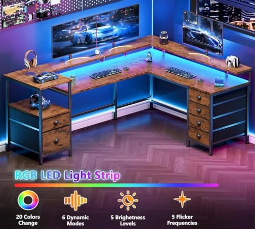Furologee 66'' L Shaped Computer Desk with 6 Drawers & LED, Rustic Brown - Image 5