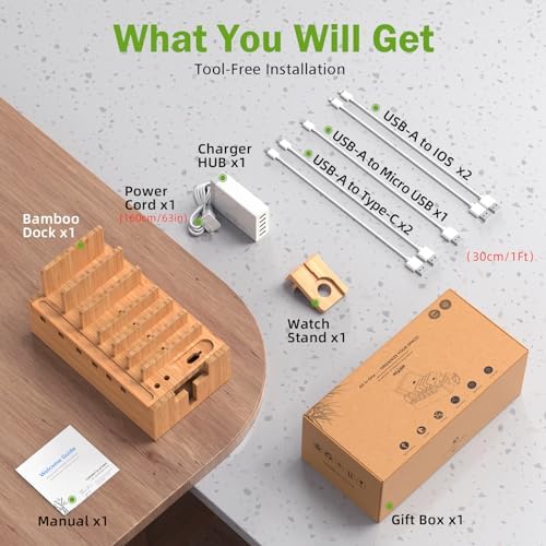 Pezin & Hulin Bamboo Charging Station with 5-Port USB & 5 Cables - Image 3