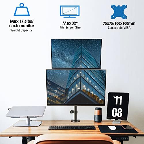 MOUNTUP Dual Monitor Stand, Vertical Monitor Mount for 2 Max 32 inch Stack Screen Monitors, Height Adjustable, Swivel, Tilt Monitor Desk Mount with C Clamp Grommet Base, Home Office - Image 2