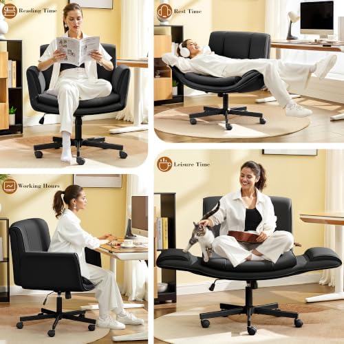 HeroSet Criss Cross Chair with Wheels & Armrests,Comfy Wide Vanity Chair,Scratch-Resistant Pu Leather Cross Legged Desk Chair,Height Adjustable Computer Office Desk Chairs for Home,Makeup,Bedroom - Image 3