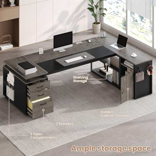 78" Executive Desk with Lockable File Cabinet, L Shaped Office Desk with Power Outlets, Large Executive Desk with Drawers and Storage Shelves , Reversible Computer Desk with Privacy Screen, Grey - Image 5