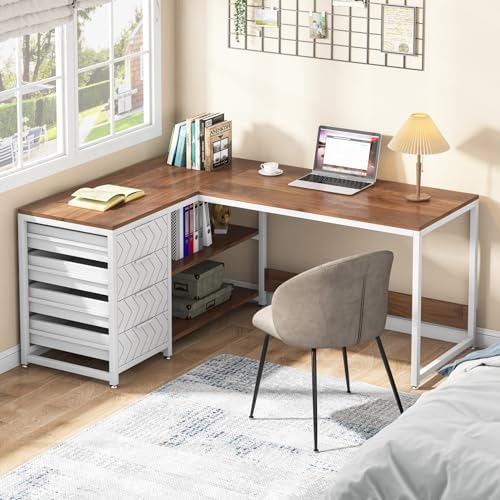Tribesigns L Shaped Computer Desk with Storage Drawers, 59 inch Corner Desk with Shelves, Reversible L-Shaped Office Desk Study Writing Table Workstation for Home Office, Walnut & White - Image 5