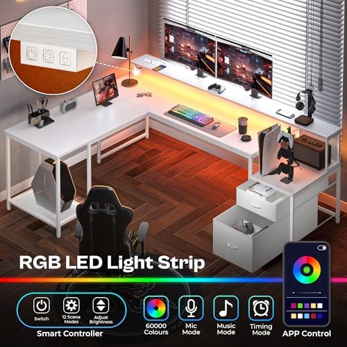 PRAISUN 66" L Shaped Gaming Desk with LED Lights & Power Outlets - Image 3