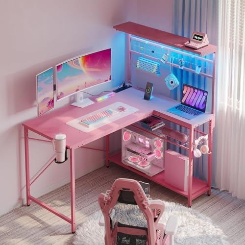 Bestier 42" L Gaming Desk with Power Outlets LED Lights, Carbon Fiber Pink by Bestier