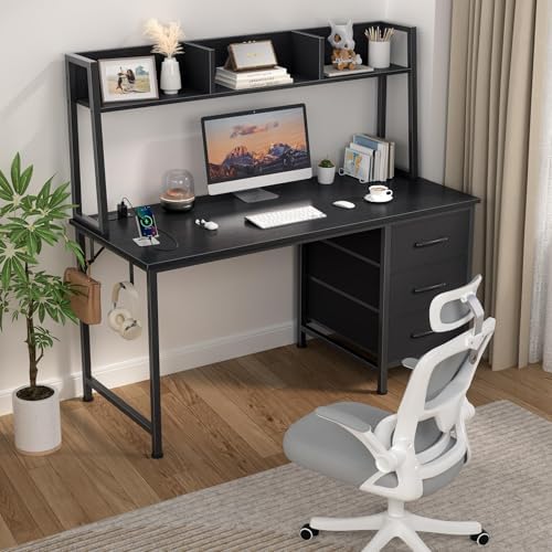 DLisiting Black Computer Desk with Hutch & Drawers - Office Desk with 3 Storage Drawers and Power Outlets, 47 Inch Modern Study Writing Desk for Bedroom Home Office - Image 2