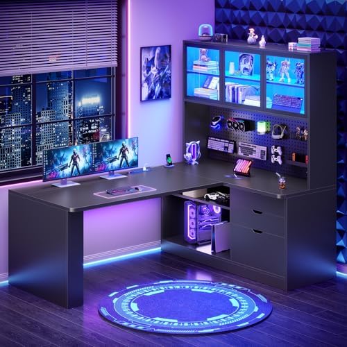 SEDETA L Shaped Corner Gaming Desk with 3 Wood Drawer and Large Bookshelf by SEDETA