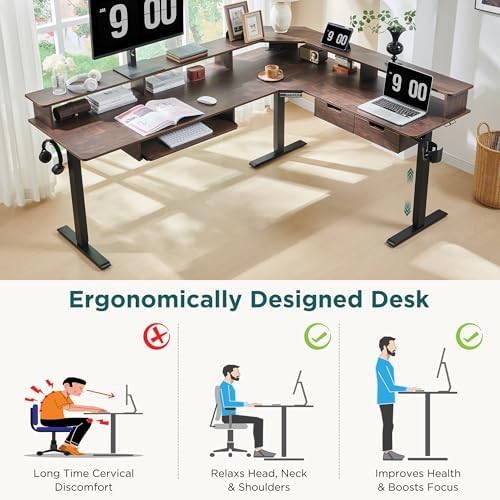 RedLemon 75X60 Inches L Shaped Electric Standing Desk, Height Adjustable Corner Gaming Desk with Drawers, Keyboard Tray, Power Outlets & LED Lights, Computer Desk with Monitor Shelf, Dark Walnut - Image 4