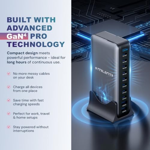 1000W GaN USB C Charging Station with 10 Port Desktop Charger, 8 USB-C & 2 USB-A, 140W PD Fast Charger Block 6.6 ft Data Cable, Multi Port Charging Station for iPhone Android Tablet Laptop - Image 5