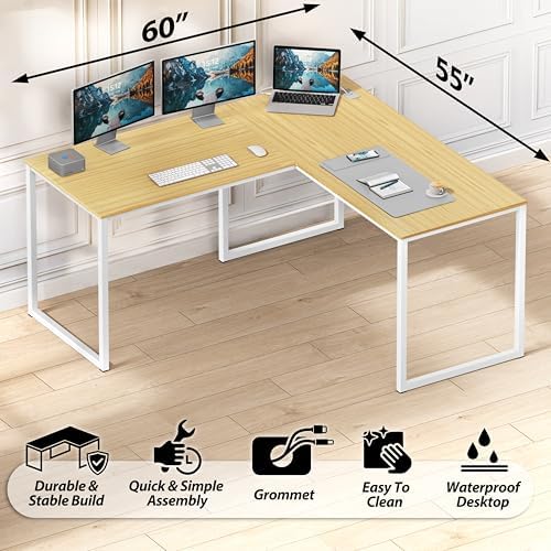 SHW Mission 55 x 60 L-Shape Home Office Computer Desk, Oak - Image 4