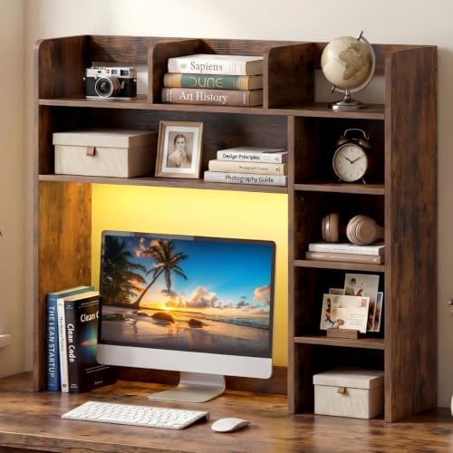 Desktop Bookshelf, Wood Countertop Bookcase with Shelves, Desk Hutch for College Dorm, Multipurpose Desk Organizer Shelf Display Rack for Home Office, Hutch Top Only (Rustic Brown, 8 Shelf) by SILKYDRY