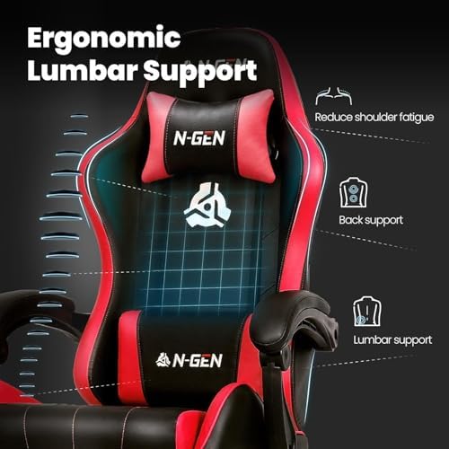 N-GEN GAMING Gaming Chair with Footrest, Lumbar, High-Back, Red Black - Image 4