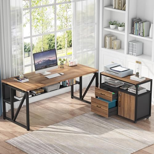Tribesigns 63" Executive with Drawer Cabinet, L Shaped Desk and Lock lateral File Cabinet, 2 Piece Home Office Furniture Set with Drawers for Hanging File, (Brown, 63 inches) - Image 3