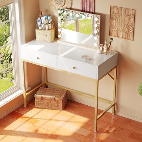 SUPERJARE 31.5" White and Gold Desk with 2 Drawers, Modern Vanity Desk - Image 2