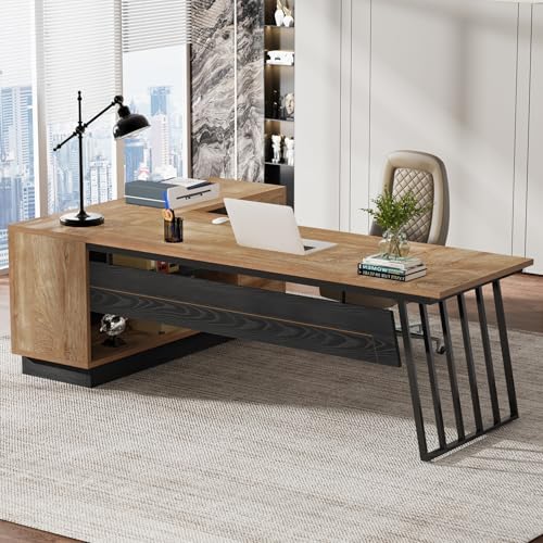 Tribesigns 71-Inch Executive Desk, L-Shaped Desk with Cabinet, Large Office Desk with Drawers and Storage Shelves, Writing Table Computer Desk for Home Office, Oak and Black - Image 3