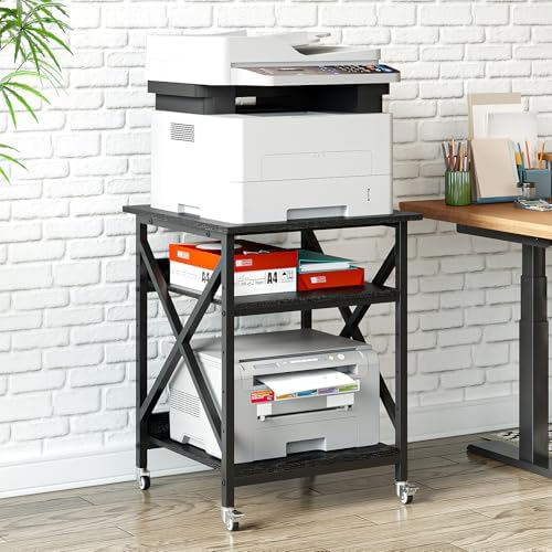 VENNQD 23.6 x 23.6 x 30.3 Inches Printer Stand, Large Printer Table with Adjustable Middle Shelf, Rolling Printer Cart with Wheels, 3 Tier Printer Table for Home Office Living Room Scanner Fax, Black - Image 2