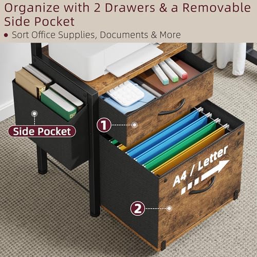 HIGDBFE File Cabinet with 2 Fabric Drawers and Printer Stand, Rustic Brown - Image 3