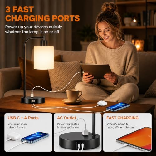 Set of 2 Industrial Touch Control Table Lamps with 2 USB Ports and AC Outlet - 3-Way Dimmable Black Bedside Lamp Nightstand Desk Lamps for Bedroom Living Room, Opal Glass Shade & 2 LED Bulbs Included - Image 5