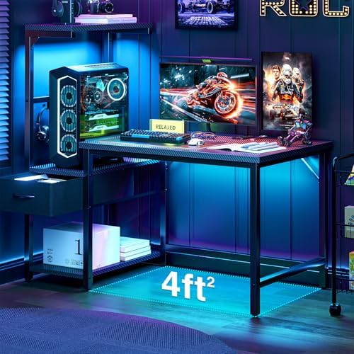 Grandder Gaming Desk 47 Inch with CPU Stand and LED Light, Computer Desk with Reversible Shelves and Storage Drawer, Pc Small Desk for Home Office Table with Bag, Carbon Fiber Black - Image 4