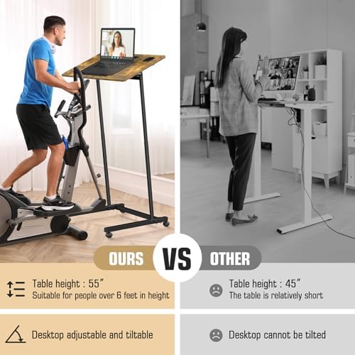 Eocnrhe Treadmill Desk, Mobile Small Standing Desk with Wheels for Walking Pad, Portable Table for Laptop, Rolling Table Adjustable Height, Bedside Table，Brown - Image 4