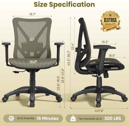 Ergonomic Office Chair, Mesh Computer Desk Chairs with BIFMA X5.1 Certified, Adjustable Lumbar Support, 3D Arm, Tilt Back, Wide Seat, Comfy Swivel Work Task Chair for Company and Home (Satin Gold) - Image 3