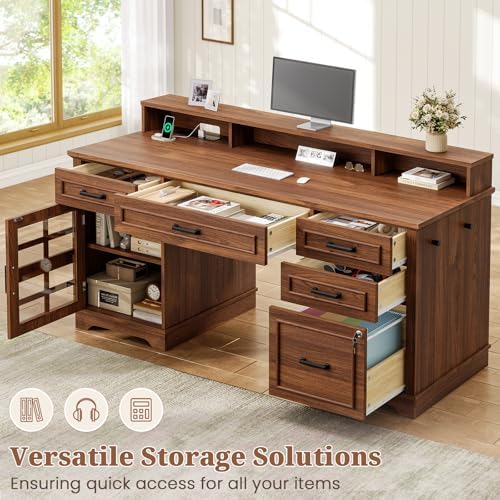 UPOSOJA 60'' Farmhouse Executive Desk with Drawers, Home Office Desk with Power Outlet & LED Light, Wood Computer Desk with Monitor Stand, Locking File Drawer, Glass Storage Cabinet, Hooks - Image 4