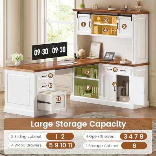 SEDETA 67" Farmhouse Executive L Shaped Desk with Hutch & Storage - Image 4