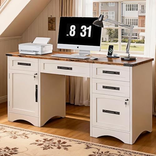 Decofy Farmhouse Executive Desk with Drawers, 55" Home Office Desks with Fast Charging Station, Lockable File Cabinet, Wood Writing Computer Desk for Work, Study, White by Decofy