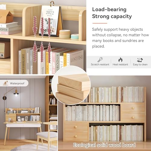 Desk Hutch, Wood Desktop Shelf Organizer with Cubby & Drawer for College Dorm Room, Office Desk Top Bookshelf for Storage - Image 4