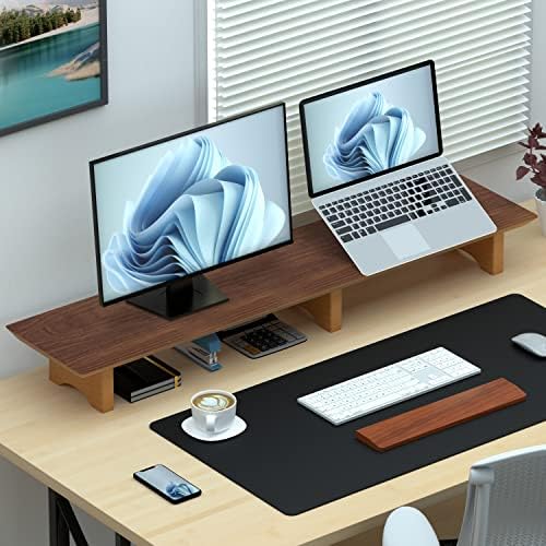 Aothia 43 inch Black Walnut Finish Dual Monitor Stand for Desk, Cork Legs - Image 5