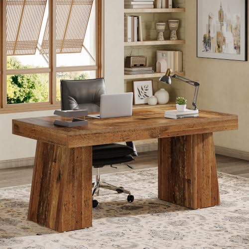 Tribesigns 55" Executive Desk, Wooden Office Desk with Double Pedestal, Modern Simple Computer Writing Table for Home Office, Mix Brown - Image 3