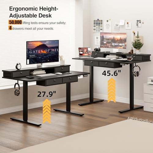 Grandder Electric Standing Desk with Four Drawers, Sit to Stand Up Height Adjustable Desk with Storage Shelf for Home Office, 47 * 28 Inch, Study, Ergonomic Adjustable Computer Desk, Black - Image 6