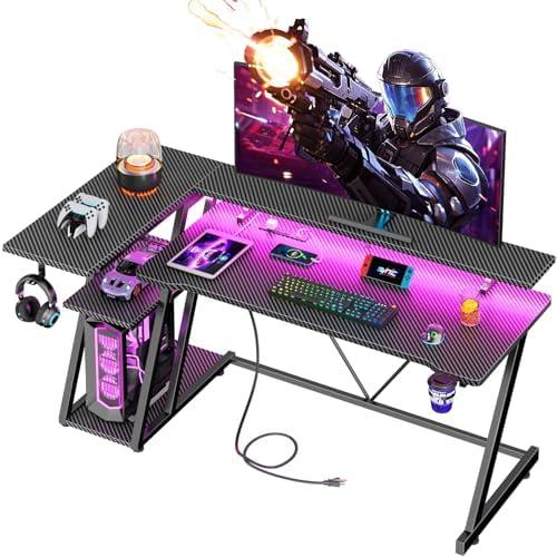 Korfile 55 Inch Gaming Desk with Power Outlet & LED Lights, L Shaped Gamer Computer Table with Storage Shelves for Bedroom, Corner Home Office Desk, Carbon Fiber Black by Korfile