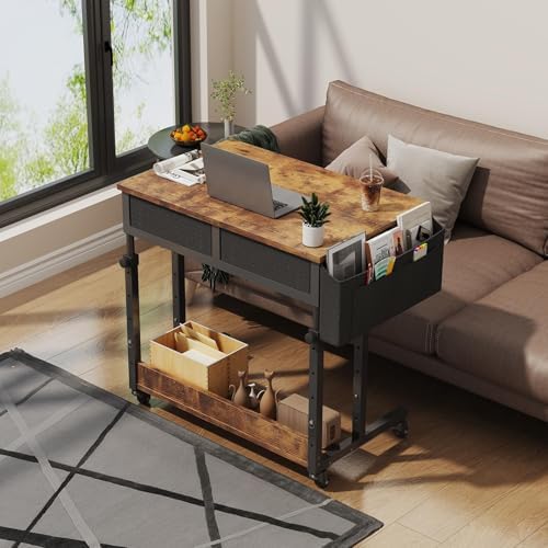 Small Portable Standing Rolling Desk - 32 Inch Adjustable Mobile Stand Up Teacher Desks with 2 Fabric Drawers on Wheels, Couch Sofa Side Laptop Table with Storage for Bedroom Home Office, Rustic Brown - Image 4