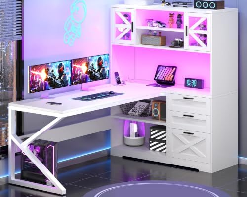 59" Farmhouse L Shaped Gaming Desk with Storage Drawers, LED Lights, Outlet - Image 3
