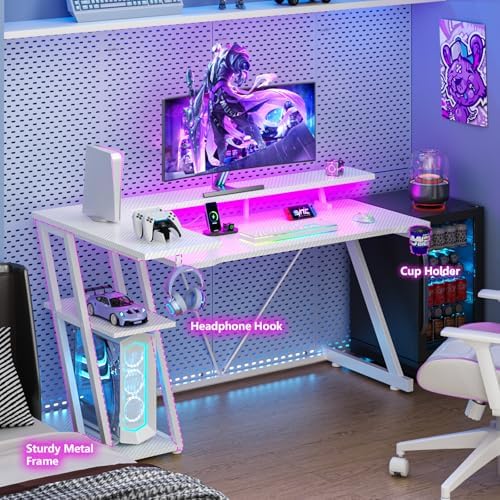 Korfile 55 Inch White Gaming Desk with Power Outlet & LED Lights, L Shaped Computer Desk Gaming with 3 Tiers Storage Shelves, Reversible Corner Desk with Monitor Stand for Bedroom - Image 6