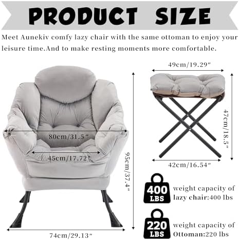 Lazy Chair with Ottoman, Comfy Reading Chair, Grey - Image 3