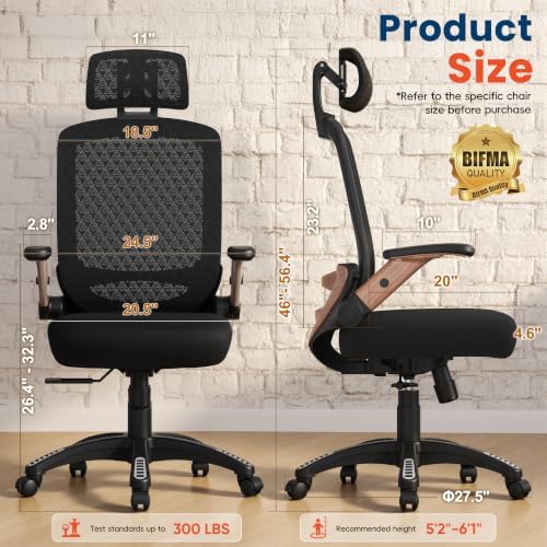 GABRYLLY Ergonomic Office Chair, High Back Home Desk Chair with Flip-Up Arms, 3D Headrest, 90-120° Tilt and Wide Cushion Seat, Big and Tall Computer Chairs for Man Woman, Mesh Chair Black Woodgrain - Image 2