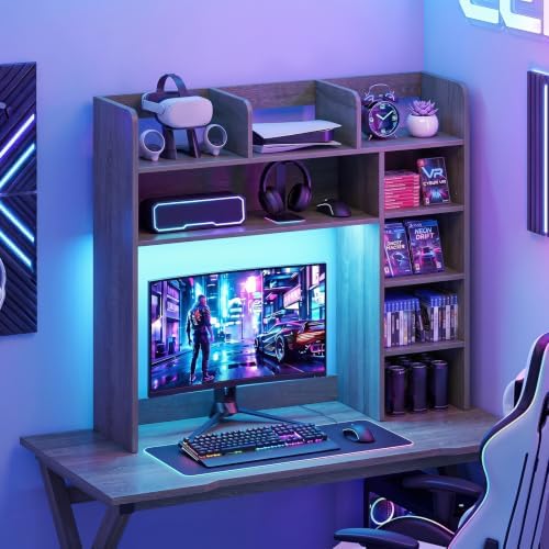 BECOMFORT Desk Hutch with LED Lights, Desk Organizer Shelf w/ 8 Storage Compartments, up to 25” Monitor, Wooden Display Rack, Desktop Bookshelf for Vanity Dressing Tabletop College Dorm Home & Office by BECOMFORT