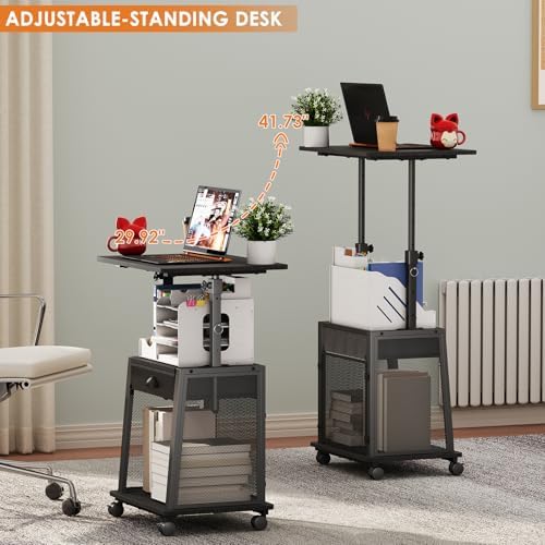 Height Adjustable Standing Desk with Wheels,Mobile Sit Stand Up Desk with Drawer,Rolling Laptop Computer Desk with storage,Portable Podium Teacher Stand Desk,Narrow Walking Pad Desk for Home Office - Image 4