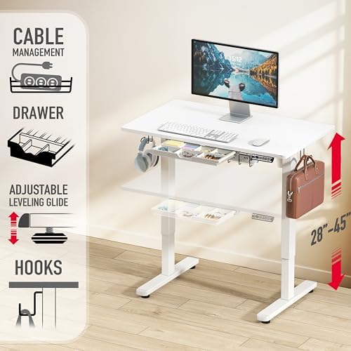 SHW 40-Inch Electric Height Adjustable Standing Desk w/Drawer, White - Image 3