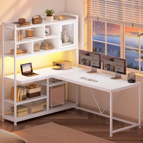 SEDETA L Shaped Computer Desk with Storage Shelves and Bookshelf, White - Image 3
