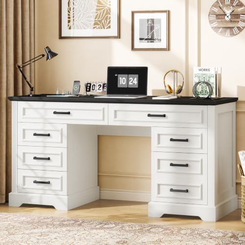 Vabches Farmhouse Executive Desk with Charging Station, White and Brown - Image 3