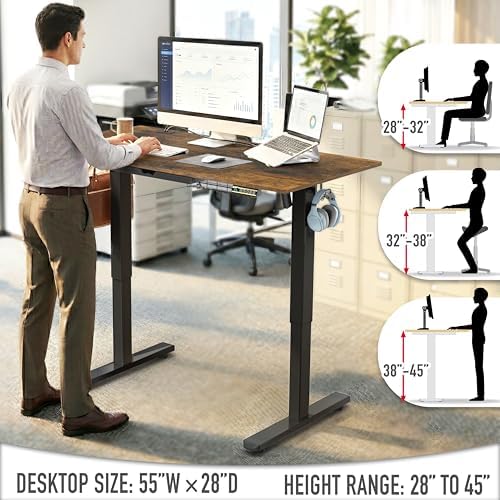 SHW 55 x 28 Electric Height Adjustable Standing Desk w/Drawer,Rustic Brown - Image 6